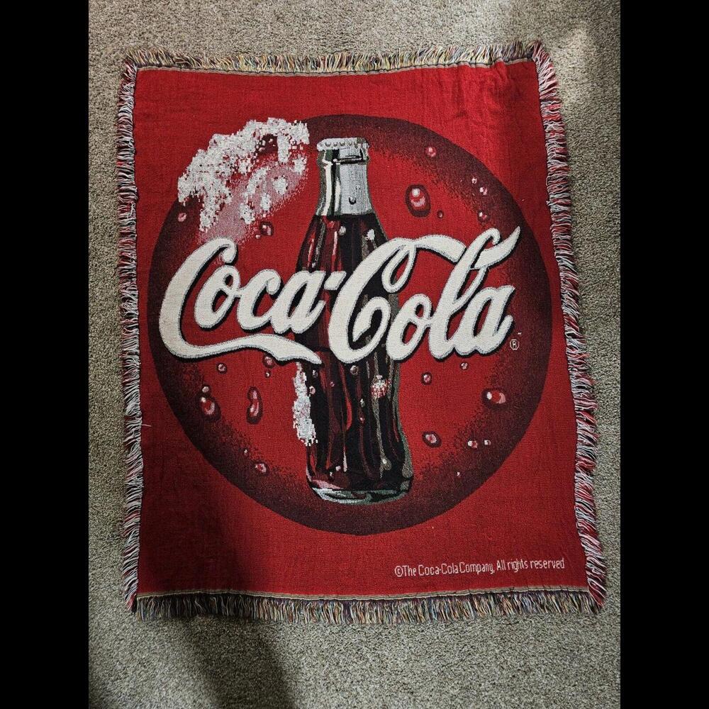 Coca Cola Blanket Throw Tapestry Fringe Approx 45”x57”